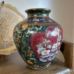 Floral Cloisonné Vase with Green & Burgundy Panels